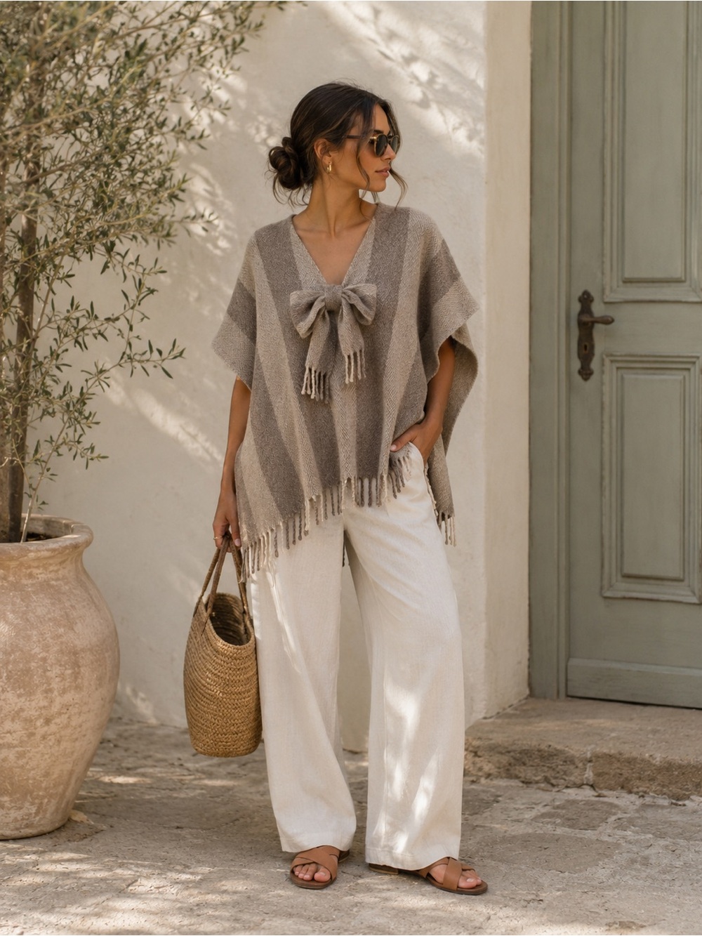100% Wool Striped Poncho Cape | One Size